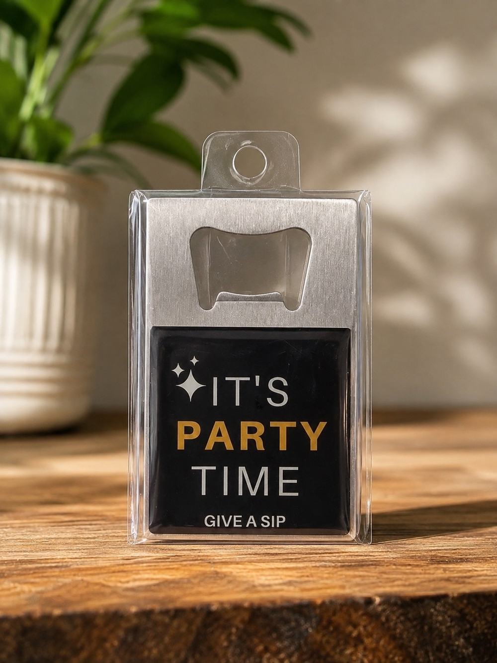 It’s Party Time Wallet Bottle Opener Stainless Steel NWT
